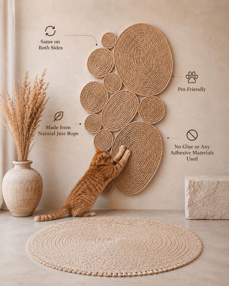 May include: A wall-mounted cat scratching post made of natural jute rope in a cluster of circular and oval shapes. Text labels indicate: Same on Both Sides, Pet-Friendly, Made from Natural Jute Rope, and No Glue or Any Adhesive Materials Used.