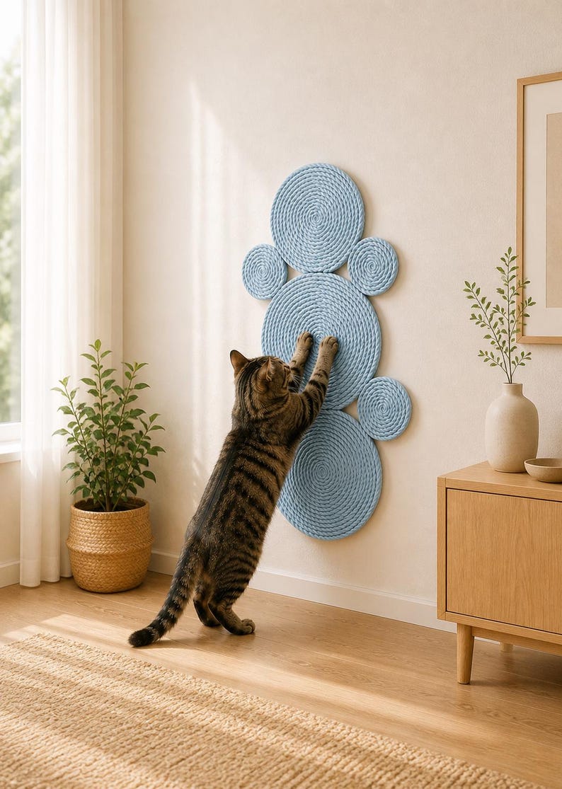 K&ouml;nnte beinhalten: Ein an der Wand montierter Kratzbaum f&uuml;r Katzen, bestehend aus mehreren hellblauen, seilumwickelten Kreisen unterschiedlicher Gr&ouml;&szlig;e, die in einer vertikalen Gruppe angeordnet sind. Die texturierten Scheiben bieten eine Kratzfl&auml;che.