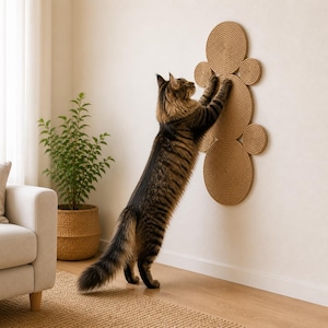 K&ouml;nnte beinhalten: Ein an der Wand montierter Kratzbaum f&uuml;r Katzen, bestehend aus mehreren kreisf&ouml;rmigen Scheiben, die mit nat&uuml;rlichem beigefarbenem Seil umwickelt sind. Die Struktur bildet eine vertikale Anordnung, die eine texturierte Kratzfl&auml;che bietet.