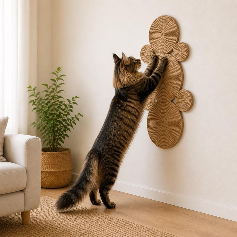 K&ouml;nnte beinhalten: Ein an der Wand montierter Kratzbaum f&uuml;r Katzen, bestehend aus mehreren kreisf&ouml;rmigen Scheiben, die mit nat&uuml;rlichem beigefarbenem Seil umwickelt sind. Die Struktur bildet eine vertikale Anordnung, die eine texturierte Kratzfl&auml;che bietet.