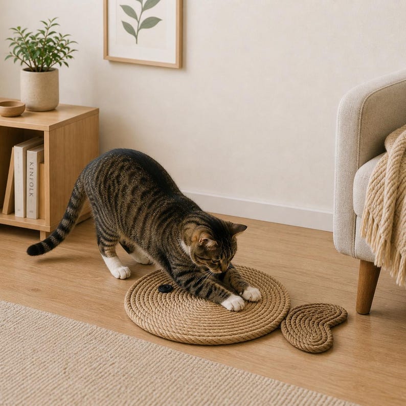Pu&ograve; includere: Un gatto tabby marrone gioca con un tappetino rotondo e intrecciato per gatti. Un tappetino pi&ugrave; piccolo a forma di cuore &egrave; accanto. I tappetini sono fatti di fibra naturale e il gatto ha le zampe bianche.