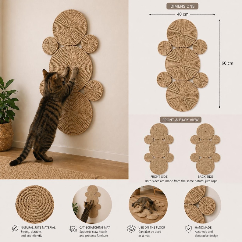 K&ouml;nnte beinhalten: Eine Wand-Kratzmatte f&uuml;r Katzen aus naturfarbenem Juteseil, bestehend aus einer Anordnung kreisf&ouml;rmiger Scheiben. Die Gesamtma&szlig;e betragen 40 cm mal 60 cm. Die Matte kann vertikal an der Wand oder horizontal als Bodenmatte verwendet werden.
