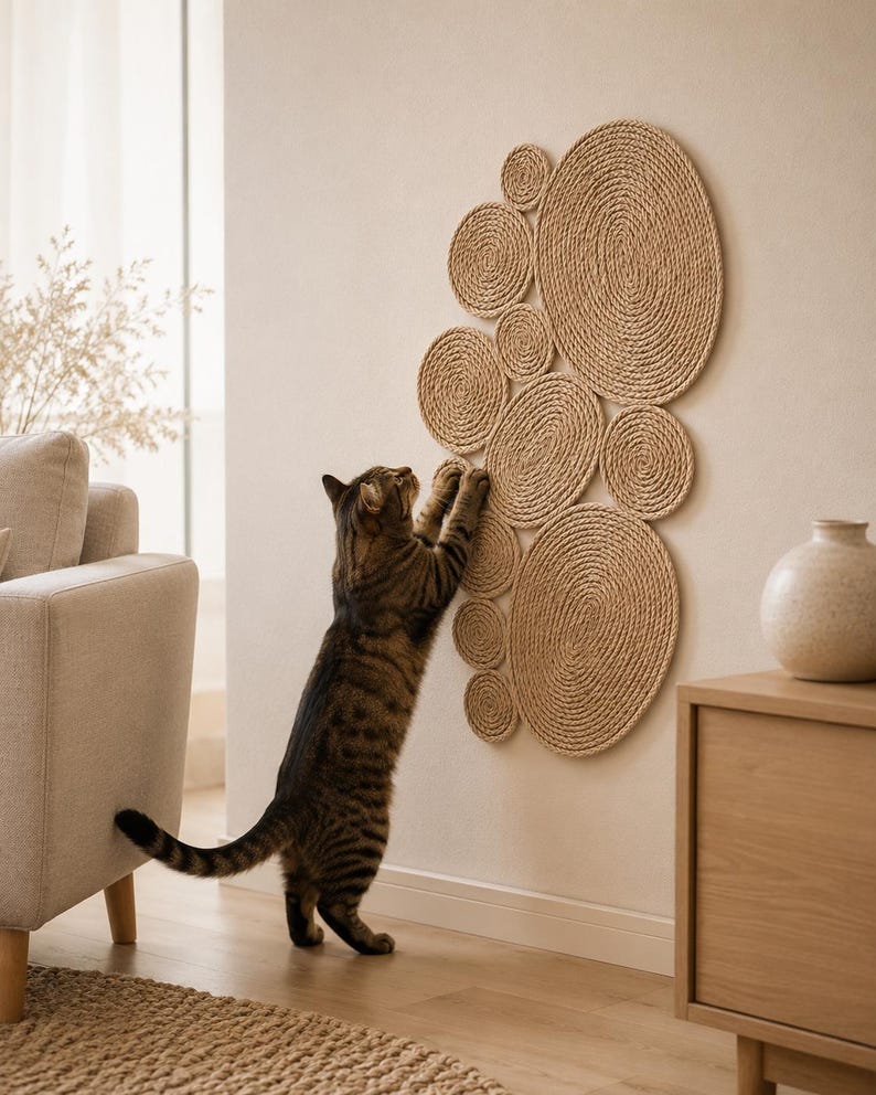 Handmade wall-mounted cat scratcher mat made from natural jute rope, shown in a neutral home interior with a cat using the vertical scratching surface.