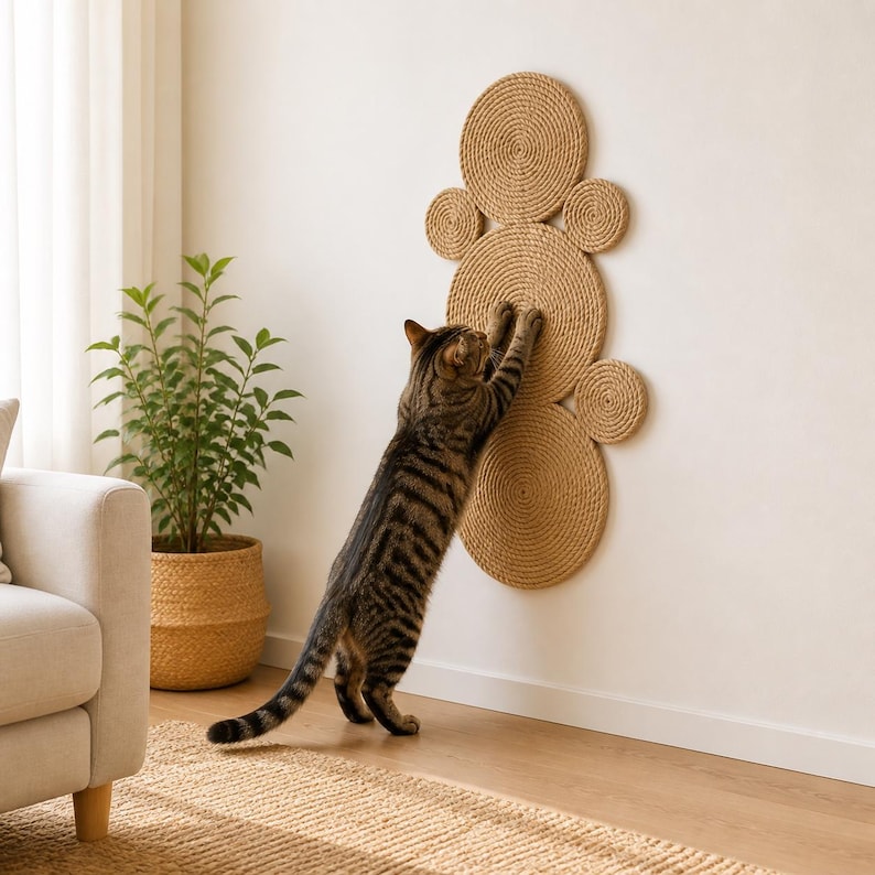 K&ouml;nnte beinhalten: Ein an der Wand montierter Kratzbaum f&uuml;r Katzen, bestehend aus sechs kreisf&ouml;rmigen Scheiben unterschiedlicher Gr&ouml;&szlig;e, die alle aus gewickeltem, beigefarbenem Sisalseil gefertigt sind. Die Scheiben sind vertikal angeordnet.