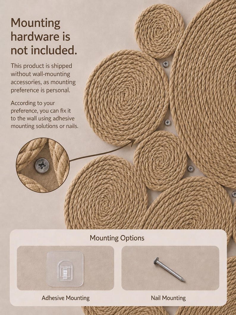 May include: A wall decor piece made of coiled tan rope in various circular sizes. The image includes text stating Mounting hardware is not included and Mounting Options with illustrations of an adhesive hook and a metal nail for installation.