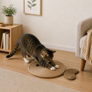 Pu&ograve; includere: Un gatto tabby marrone gioca con un tappetino rotondo e intrecciato per gatti. Un tappetino pi&ugrave; piccolo a forma di cuore &egrave; accanto. I tappetini sono fatti di fibra naturale e il gatto ha le zampe bianche.