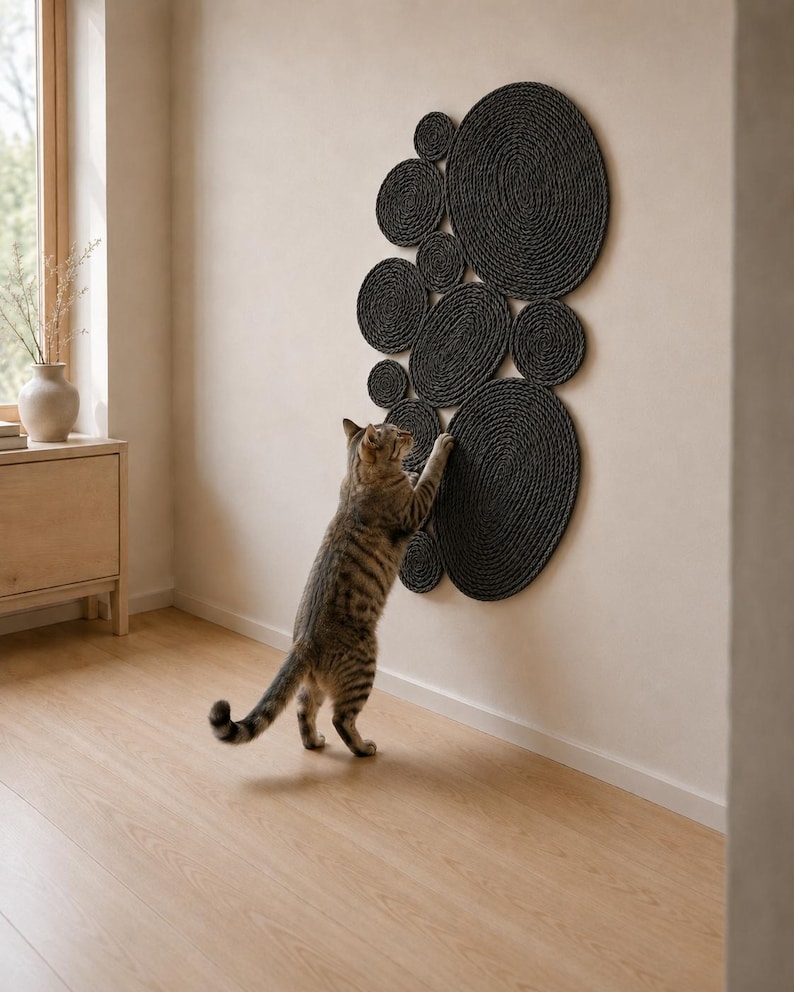 May include: A wall-mounted cat scratching post consisting of multiple dark gray circular and oval discs arranged in a cluster. The discs feature a coiled rope texture. A tabby cat is standing on its hind legs, scratching the surface of the discs.