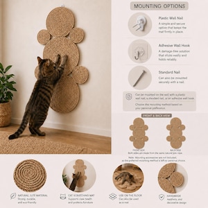 K&ouml;nnte beinhalten: Eine Wand-Kratzmatte f&uuml;r Katzen aus nat&uuml;rlichem Juteseil, bestehend aus einer Anordnung kreisf&ouml;rmiger Scheiben. Die Grafik zeigt Montageoptionen wie Kunststoff-Wandn&auml;gel, Klebehaken und Standardn&auml;gel sowie Ansichten der Vorder- und R&uuml;ckseite.