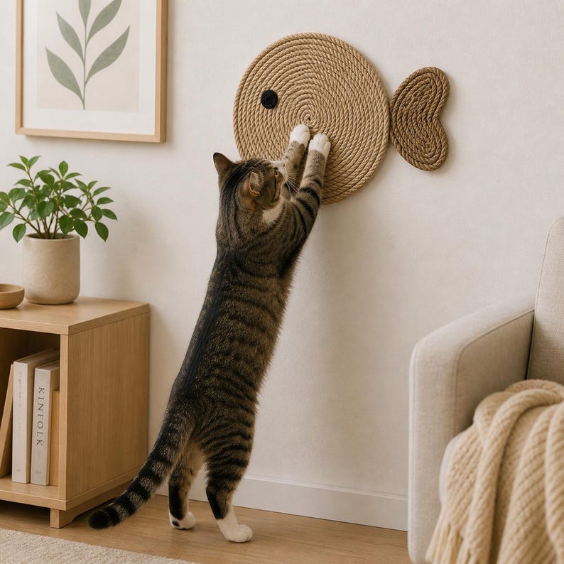 May include: A cat scratching post in the shape of a fish made from woven rope. The fish-shaped scratcher is mounted on a white wall. A tabby cat is using the scratcher. The cat has brown and white fur.