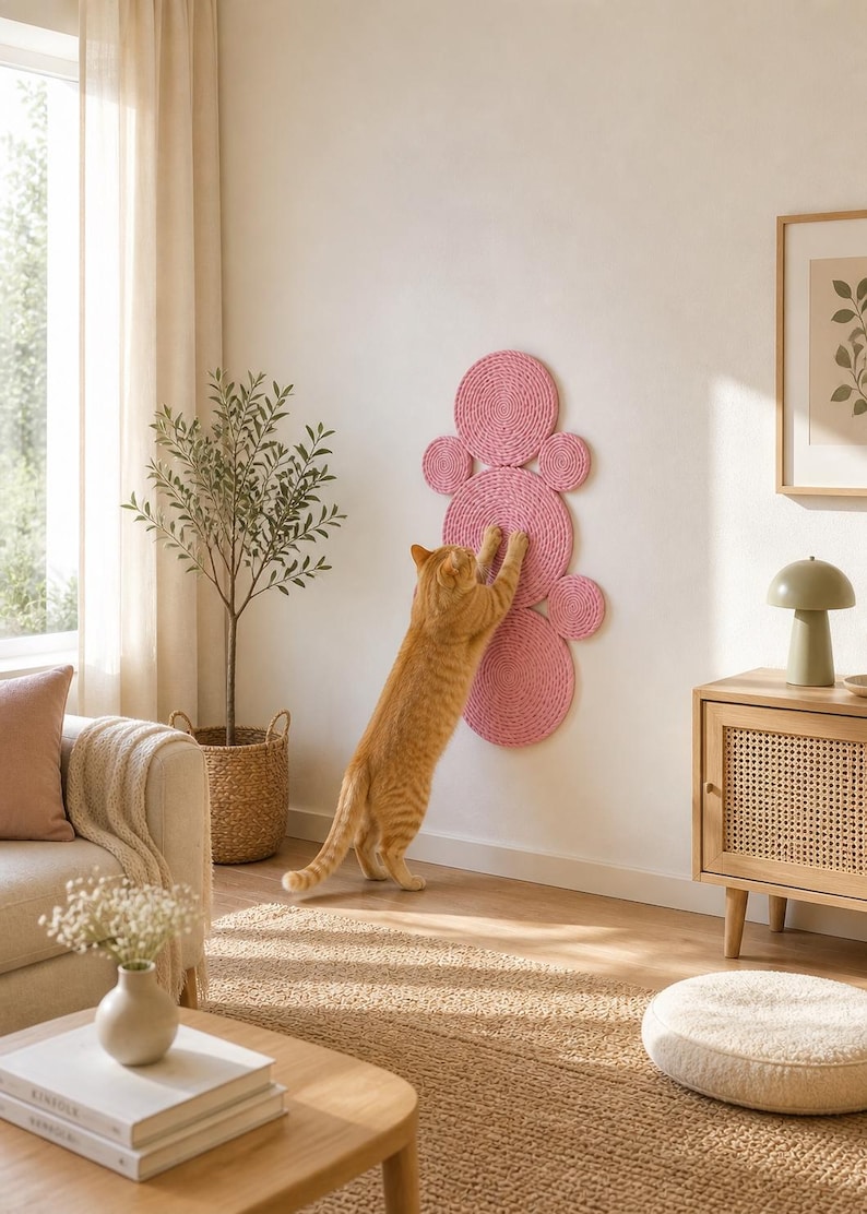 K&ouml;nnte beinhalten: Ein wandmontierter Kratzbaum f&uuml;r Katzen, bestehend aus sechs kreisf&ouml;rmigen Pads aus rosafarbenem, gewickeltem Seil. Die Pads sind in einem vertikalen, pfotenartigen Muster angeordnet und bieten eine strukturierte Oberfl&auml;che zum Kratzen.
