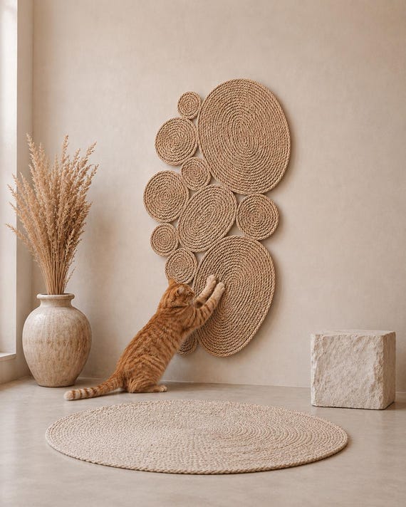 Handmade Jute Cat Scratcher Mat, Natural Rope Wall Decor, Boho Pet Furniture Alternative