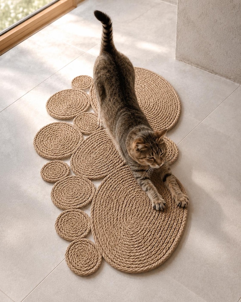 May include: A brown tabby cat stretches across a floor mat constructed from multiple tan rope coils of varying sizes. The mat features a large central oval shape surrounded by several smaller circular rope segments arranged in a cluster.