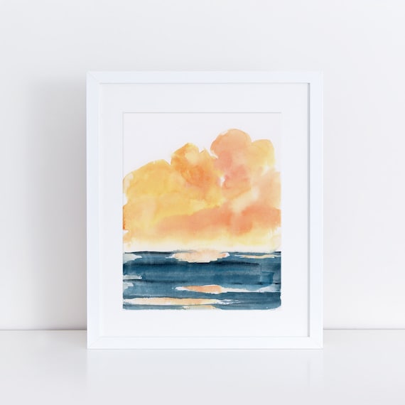 Watercolor Print, Landscape, Ocean, Sea, Beach, Sunset, Clouds, Fine Art, Modern Art, Ink, Minimalist, Nature, Abstract Art
