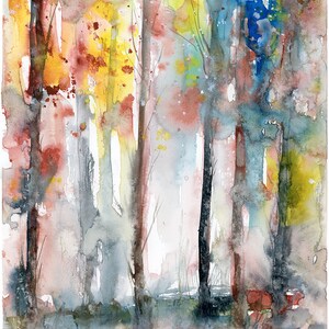 May include: Watercolor painting of a forest scene with tall, slender trees. The artwork features a vibrant palette of colors, including red, yellow, blue, and green, creating a dreamy, atmospheric effect. The style is abstract and impressionistic.