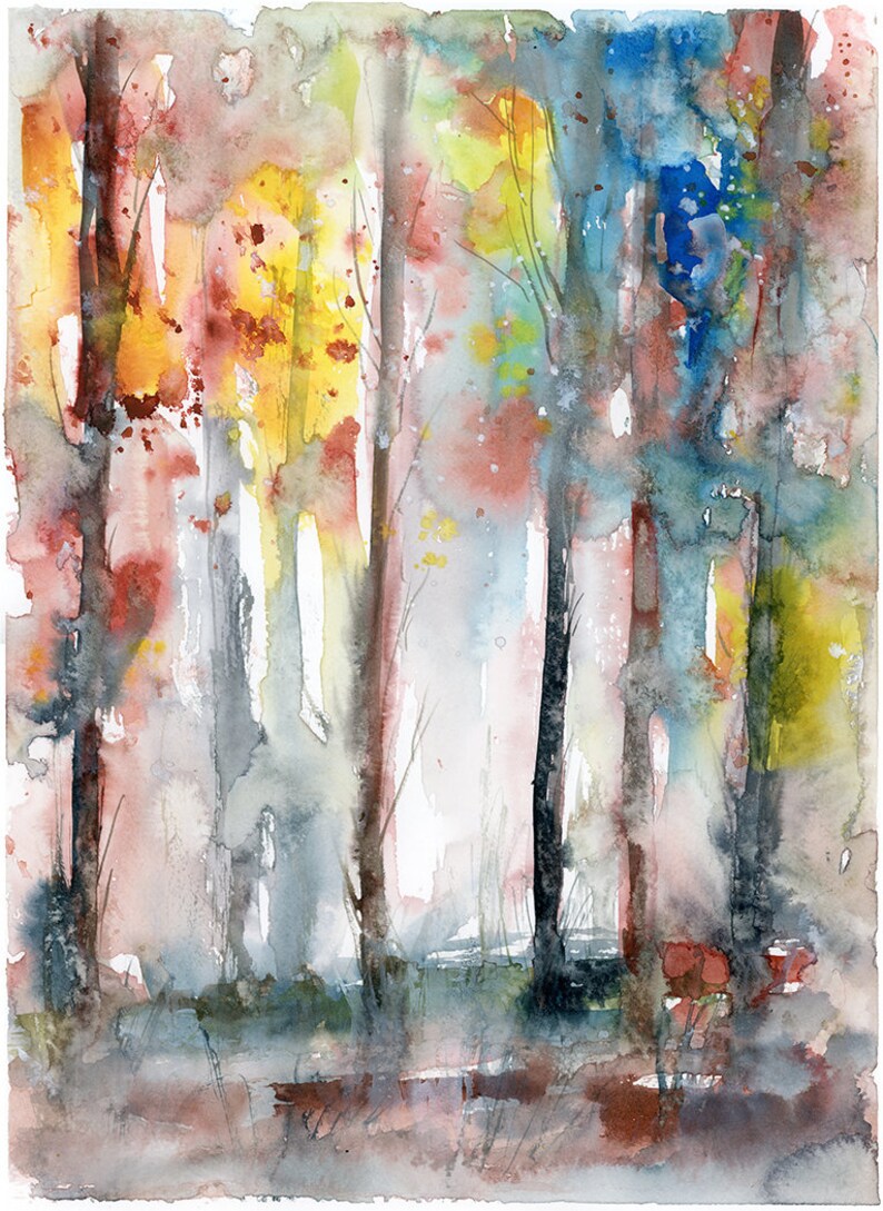 May include: Watercolor painting of a forest scene with tall, slender trees. The artwork features a vibrant palette of colors, including red, yellow, blue, and green, creating a dreamy, atmospheric effect. The style is abstract and impressionistic.