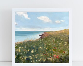 Beach Art Print, Beach Painting, Ocean, Seascape, Landscape painting, wildflowers, bohemian, coastal art, Square Art, Modern Art