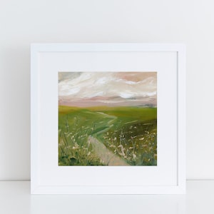 Landscape Art Print, Large Print, Colorful Abstract, Impressionist, flowers. Abstract Landscape, square art, clouds, pink sky