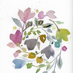 May include: Watercolor painting of a floral wreath with pink, blue, green, yellow, and gray flowers and leaves.
