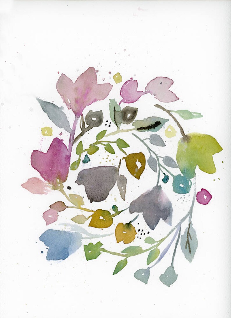 May include: Watercolor painting of a floral wreath with pink, blue, green, yellow, and gray flowers and leaves.