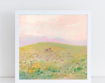 Landscape Art Print, Large Print, Colorful Abstract, wildflowers, garden, square, clouds, sky, bohemian