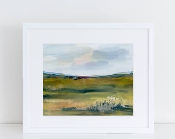 May include: A watercolor painting of a landscape with a green field and a cloudy sky. The field is a mix of light and dark greens, with a few brown patches. The sky is a light blue with white clouds.