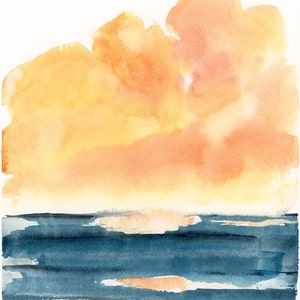 May include: Watercolor painting of a sunset over the ocean. The sky is a vibrant orange and yellow, and the water is a deep blue. The painting is done in a loose, impressionistic style.
