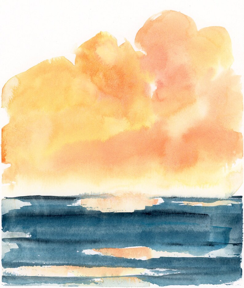 May include: Watercolor painting of a sunset over the ocean. The sky is a vibrant orange and yellow, and the water is a deep blue. The painting is done in a loose, impressionistic style.