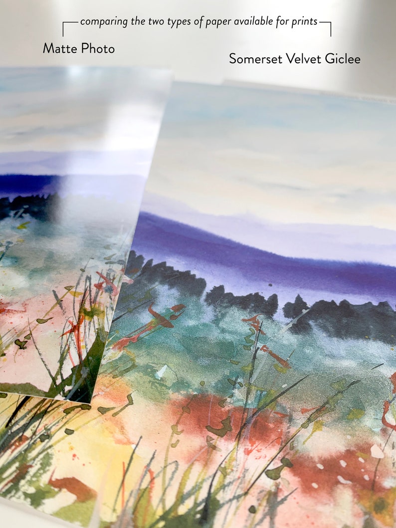 May include: Comparison of two types of paper for prints: Matte Photo and Somerset Velvet Giclee. The image shows a watercolor painting of a landscape with a blue sky, green grass, and red flowers.
