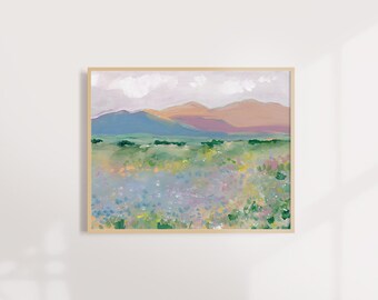 Abstract Landscape, Mountain, Pink, Valley, Flowers, Impressionist Art Print, Landscape Art, Bohemian, Modern Art Print, Contemporary Art