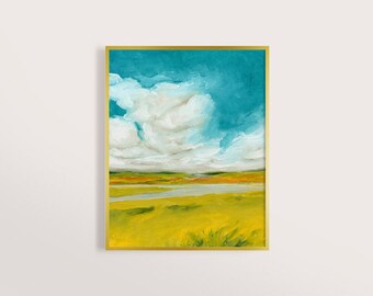 May include: Abstract landscape painting with a bright blue sky, fluffy white clouds, and a yellow field with a river running through it. The painting is framed in a gold frame.