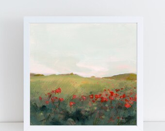 Landscape Art Print, Large Print, Impressionist, flowers. poppies, country, square art, clouds, pink sky, bohemian, wildflowers, nature