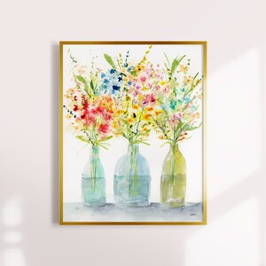 Wildflowers Art Print, Watercolor Floral Print, Floral Bouquet, Fine Art Print, Art, Modern Art Print, Glass Bottles, Minimalist