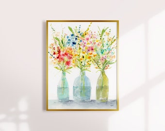 Wildflowers Art Print, Watercolor Floral Print, Floral Bouquet, Fine Art Print, Art, Modern Art Print, Glass Bottles, Minimalist