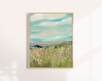 Abstract Landscape, Impressionist Art Print, Landscape Art, Bohemian, forest, nature, pine trees, fields, clouds, wildflower, flowers