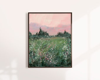 Abstract Landscape, Impressionist Art Print, Landscape Art, Bohemian, forest, nature, pine trees, fields, clouds, wildflower, flowers