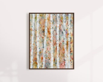 Birch Trees, Birch Art, Trees,  Minimalist Art, Watercolor Print, Modern Art, Abstract Landscape, Sunset, Landscape art print, Expressionist
