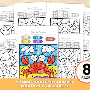 May include: A set of eight summer-themed color-by-number addition worksheets. Each page features a different image, such as a crab or a sun, with addition problems to solve. The worksheets are designed to help children practice math skills.