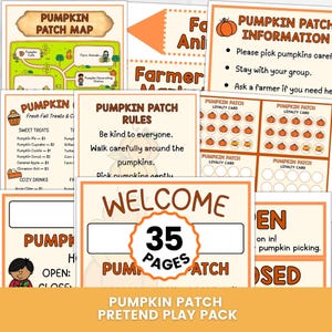 Peut inclure: Un ensemble de jeu de rôle de 35 pages sur le thème du champ de citrouilles, comprenant divers panneaux et cartes imprimables. Inclut une carte, des règles, des informations, des cartes de fidélité et des panneaux de bienvenue avec du texte orange.