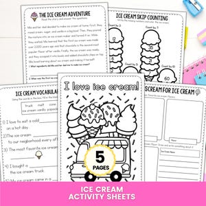 May include: Black and white ice cream activity sheets with different exercises. Includes a story about making ice cream, skip counting, vocabulary, and a section to draw favourite ice cream flavours. The cover features an ice cream truck illustration.