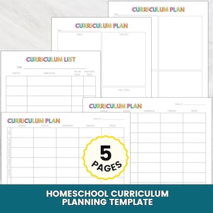 May include: A set of five printable curriculum planning templates featuring white paper with black grid lines and colourful text headers. The pages include sections for curriculum lists, goals, supplies, field trips, and weekly schedules for subjects like maths, English, reading, science, and history.