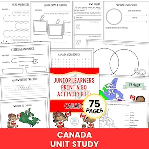 May include: A collection of printable educational worksheets for junior learners, focused on Canada. The kit includes pages for handwriting practice, word searches, and mapping activities. The cover features the text "Junior Learners Print & Go Activity Kit" and "Canada Unit Study".