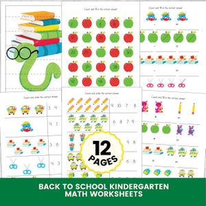 May include: A set of 12 kindergarten maths worksheets featuring colourful illustrations of apples, books, pencils, school buses, and a green worm wearing glasses. The pages include counting, addition, and subtraction exercises with text prompts.
