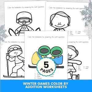May include: A set of five winter games color by addition worksheets featuring black and white line art of characters in bobsleds and skiing gear. The central page shows a colored bobsled graphic with a badge stating 5 PAGES.