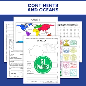 May include: A set of educational worksheets titled "Continents and Oceans." The pages feature colourful maps, word searches, fill-in-the-blank exercises, and a page count of 51 pages. The worksheets are designed for learning about geography.