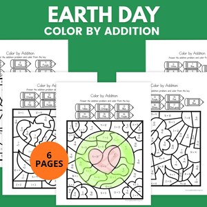 May include: A collection of six Earth Day-themed color-by-addition worksheets. Each page features a different design, including a heart, sun, and earth, with addition problems to solve. The worksheets are designed for educational activities.
