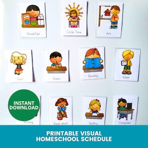 May include: Printable visual homeschool schedule cards with illustrations of activities such as breakfast, reading, and maths. The cards include the text "Instant Download" and "Printable Visual Homeschool Schedule".