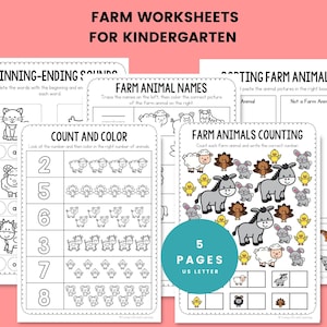 May include: A collection of five farm-themed worksheets for kindergarten students. The worksheets include activities such as matching animal names, counting, and identifying beginning and ending sounds. The text "Farm Worksheets for Kindergarten" is at the top.
