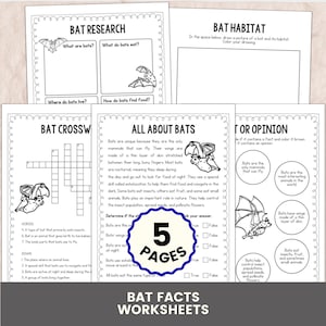 Puede incluir: Un conjunto de cinco hojas de trabajo educativas en blanco y negro sobre murciélagos, con texto, crucigramas e ilustraciones. Las páginas incluyen títulos como Bat Research, Bat Habitat, Bat Crossword y All About Bats con datos.