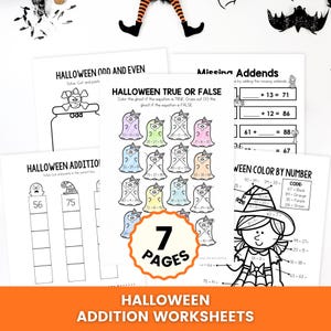 May include: A collection of seven Halloween-themed maths worksheets featuring addition, odd and even number identification, and missing addends. The pages include black and white line art of ghosts, a witch, and maths equations for students to solve.