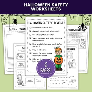 Op de afbeelding: Een set van zes zwart-wit Halloween veiligheidswerkbladen met een checklist, tekenactiviteiten en veiligheidstips. De pagina's bevatten illustraties van een kind in een pompoenkostuum, spinnen en spinnenwebben, met de titel Halloween Safety Worksheets.